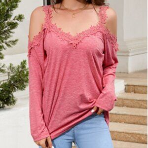 Floral Lace Sexy V-Neck LS Cold Shoulder Top, Pink Heather Women’s 2XL NIP